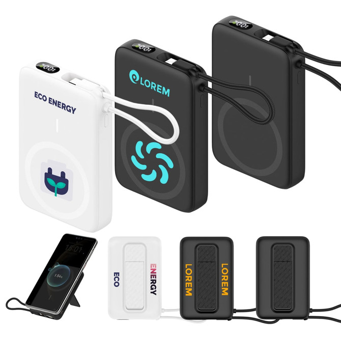 A set of two power banks, one white and one black, featuring a charging cable and built-in wireless charging capabilities.