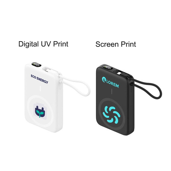 A compact 10000mAh magnetic wireless power bank in white and black with unique designs and a small attachment loop.