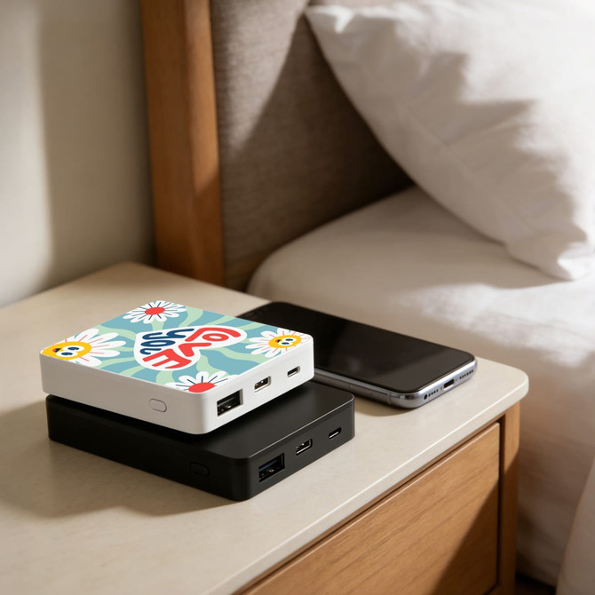 A square power bank in white with a floral design sits atop a black power bank on a bedside table next to a smartphone.