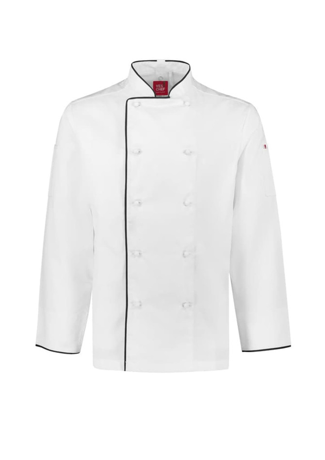 A white long sleeve chef jacket with black piping, featuring buttons and a logo on the sleeve.