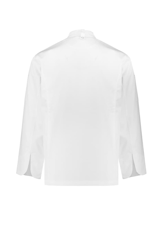 A white long sleeve chef jacket featuring a back view with a button closure and a branding logo.