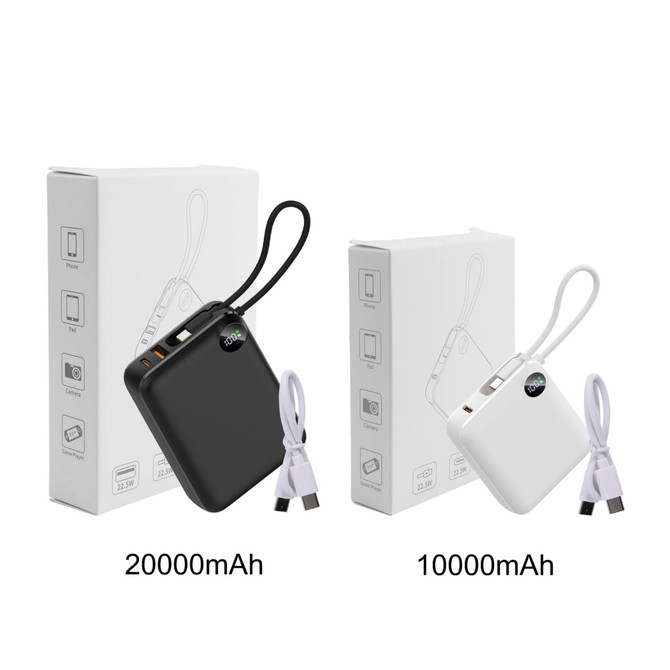 A black and white power bank with a cable, displayed beside their packaging. The black one is labelled 20000mAh and the white one 10000mAh.