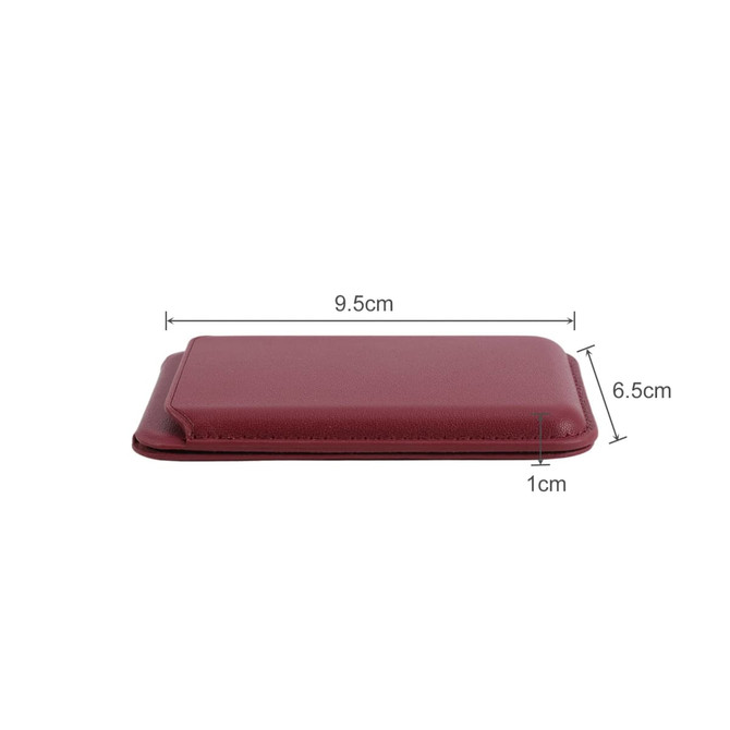 A burgundy PU foldable magnetic card holder with dimensions of 9.5 cm by 6.5 cm and a thickness of 1 cm.