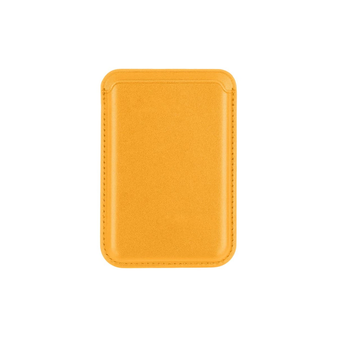 A PU magnetic phone card holder in bright yellow with a smooth finish and a logo on the front.