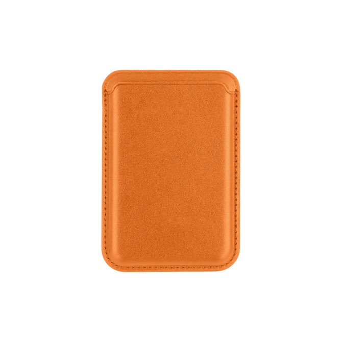 An orange PU magnetic phone card holder with a smooth finish and a stitched border. It features a logo.