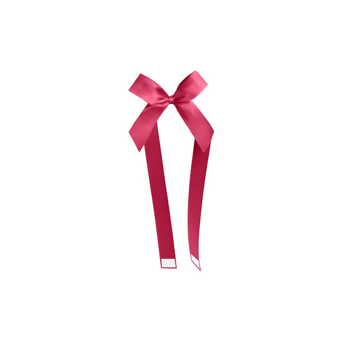 A pink adhesive ribbon bow with long trailing ends, featuring a central knot. The product has a logo on it.