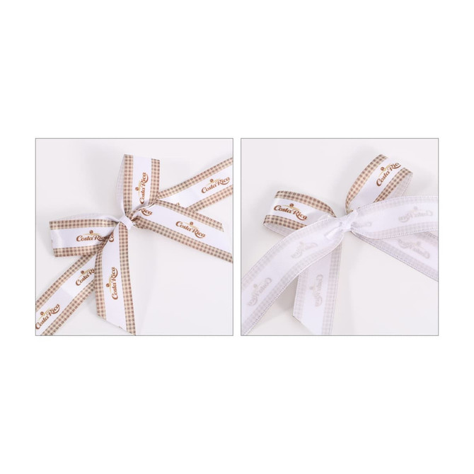 Two adhesive ribbon bows, one in brown and white gingham and the other in white, both featuring a logo.