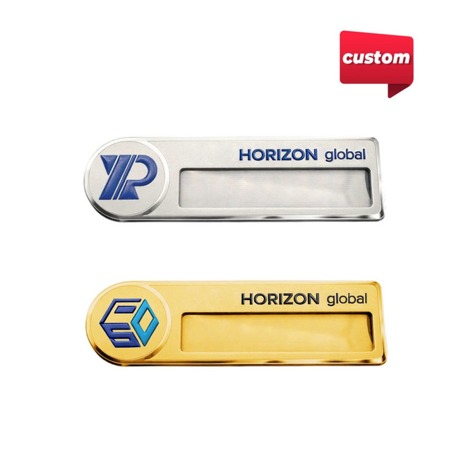 A silver and a gold custom reusable metal name badge with logos and clear name sections.