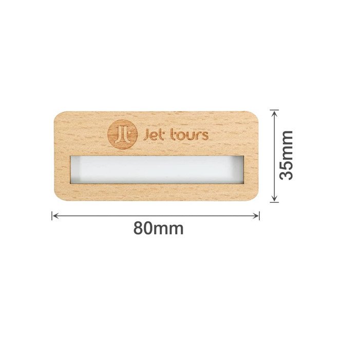 A wooden name badge, featuring a rectangular shape with a clear insert, and a logo. It's light brown in colour.