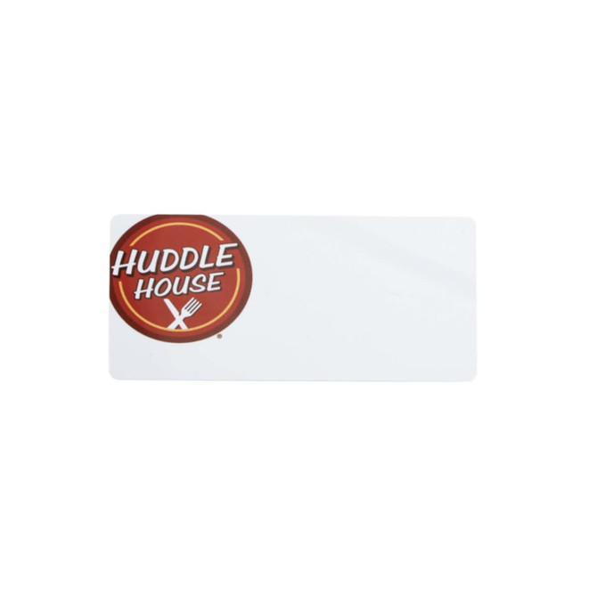 A custom PVC name badge in white with a round logo featuring red and yellow colours.