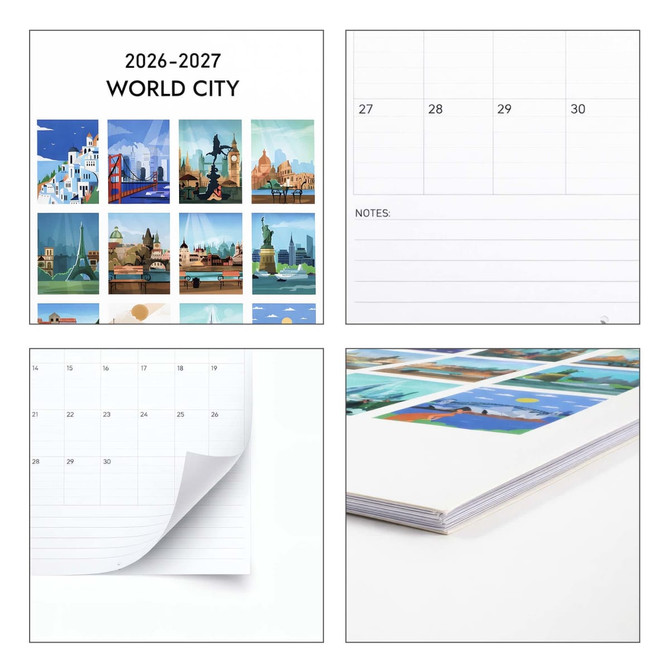 A vertical wall calendar featuring vibrant illustrations of famous world landmarks, with a white background and colourful images.