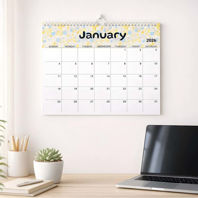A horizontal wall calendar featuring a floral design for January 2026, set on a white background with a plant and laptop beside it.