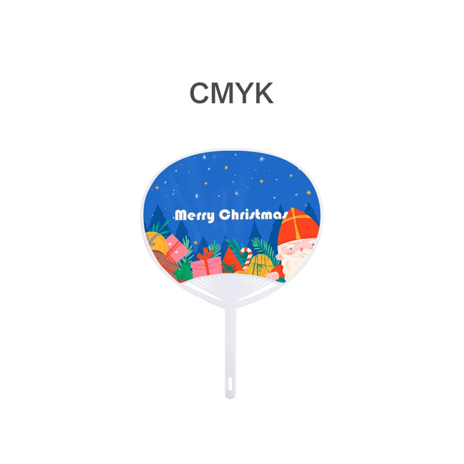A PVC hand fan featuring a colourful Christmas design with a festive background and a Santa character. It has a white handle.