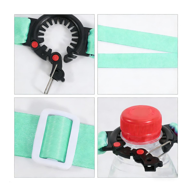 A drink bottle lanyard in mint green with a black clasp and red accents, designed to hold a water bottle securely.
