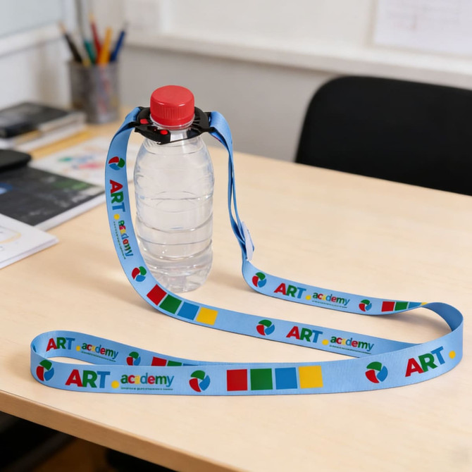 A drink bottle with a black cap attached to a blue lanyard featuring colourful designs and logos.