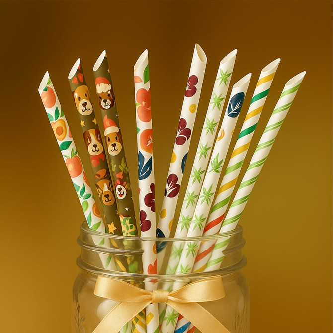 A jar filled with colourful, patterned 4-ply straight angled paper straws in various designs, including animal and floral motifs.