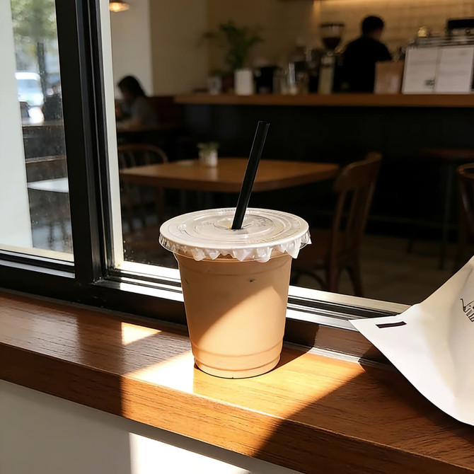 A drink bottle with a black paper straw, sitting on a wooden windowsill in a café setting.