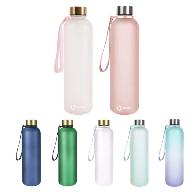 A drink bottle in various colours, including green, blue, pink, and white, with a metal lid and a carrying strap.
