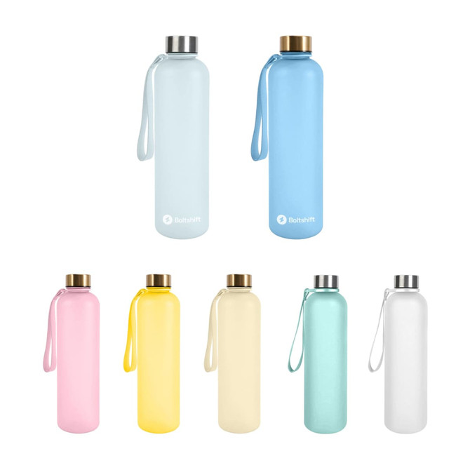 A drink bottle collection featuring pastel colours: pink, yellow, blue, green, and white, with a logo and strap.