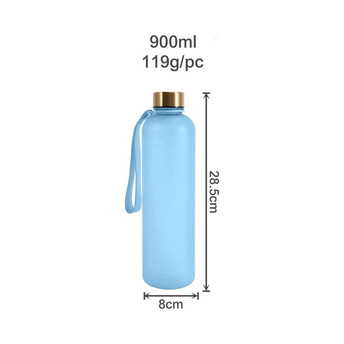 A drink bottle in light blue with a gold lid and a handle, marked as 900ml. Features a logo.