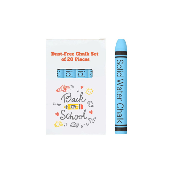 A box containing a set of 20 blue dust-free chalk sticks, with a design featuring school-related illustrations.