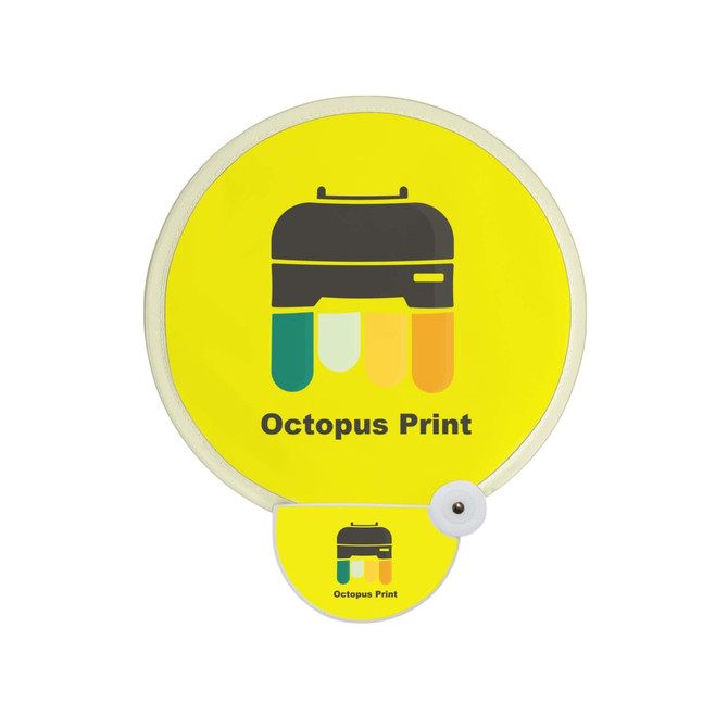 A foldable reflective fan in yellow featuring a round design and a logo with a black and colourful graphic.