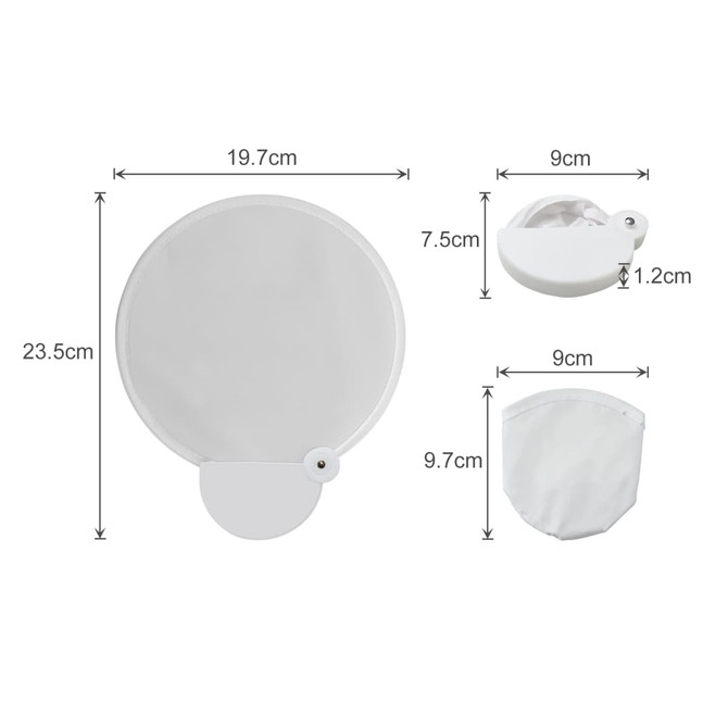 A 20cm foldable reflective fan in white, displayed in both open and closed positions with measurement details.