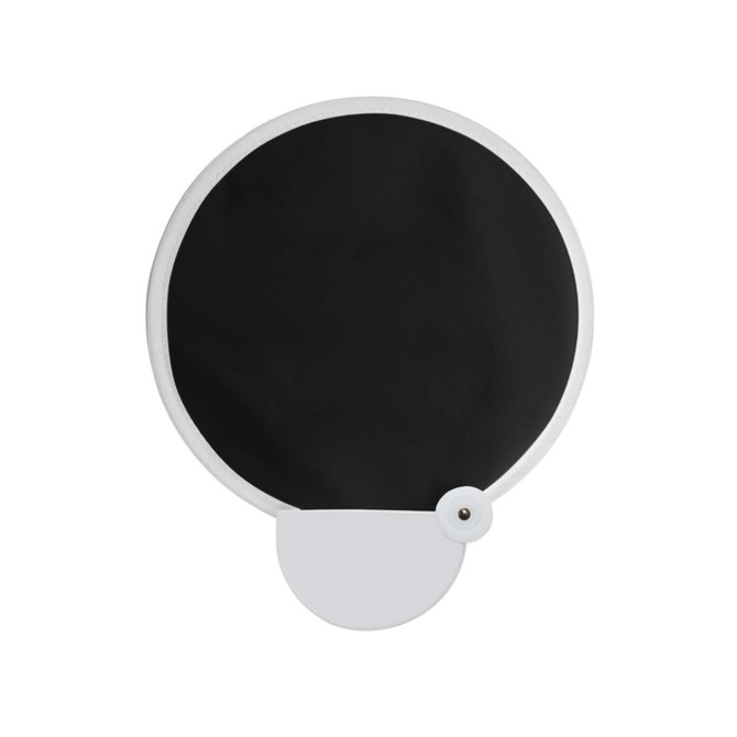 A 20cm foldable fan in black with a white trim and button detail, featuring a circular shape.