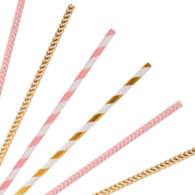 A collection of disposable 3-ply straight drinking paper straws in pink and gold designs, with varying patterns.