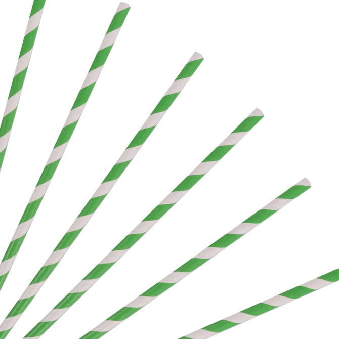 A set of disposable 3-ply straight drinking paper straws in green and white stripes, arranged randomly.