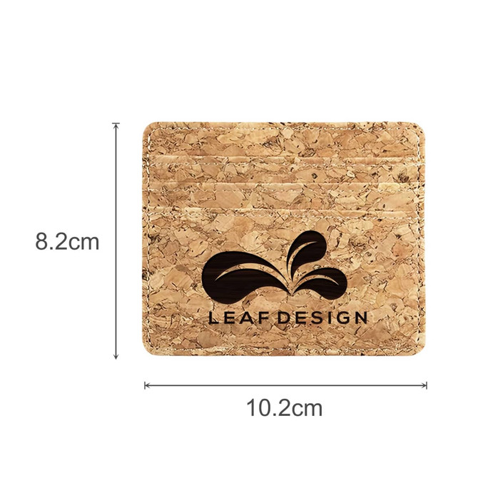 A cork card holder with a natural finish, featuring a logo, measuring 10.2 cm by 8.2 cm.
