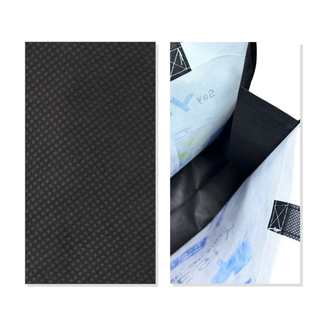 A vibrant sublimation tote bag featuring a multicoloured design and a black textured interior. Includes a logo.