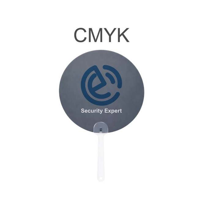 A custom-shaped hand fan with a round grey surface and a white handle, featuring a logo.