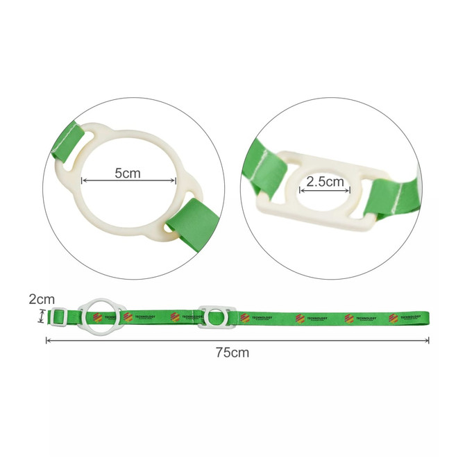A green lanyard with a white hold for securing a drink bottle, measuring 75 cm in length.