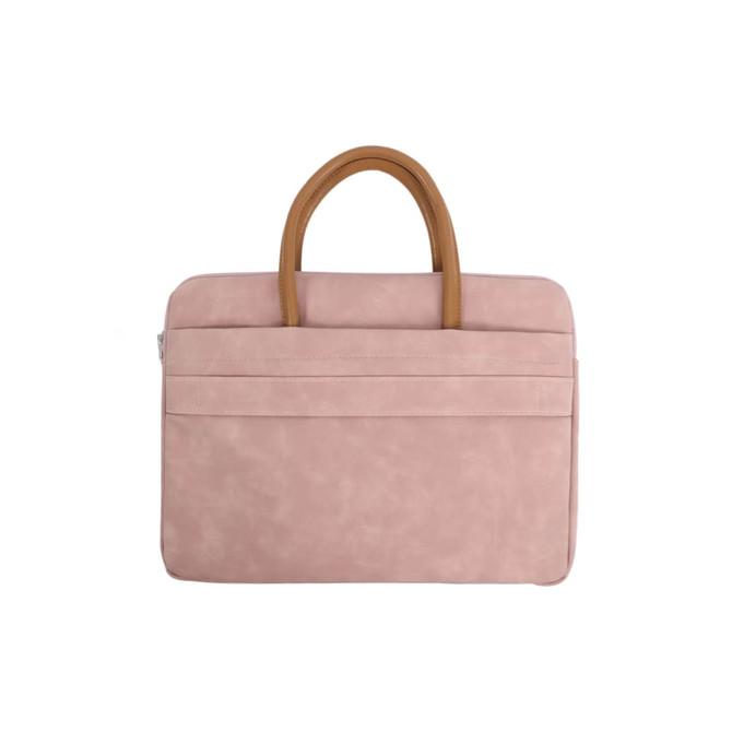 A pink suede PU leather laptop bag with a brown handle and a front pocket. It has a logo on the side.