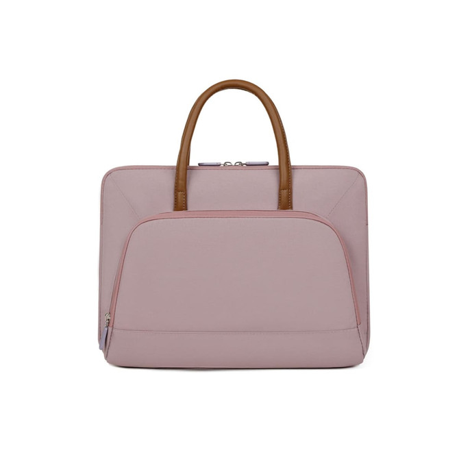 A pink PU laptop bag with brown handles and a zippered outer pocket. It features a sleek and simple design.