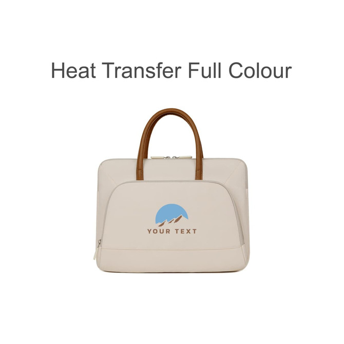 A cream-coloured laptop bag with a zippered outer pocket and brown handles, featuring a logo.