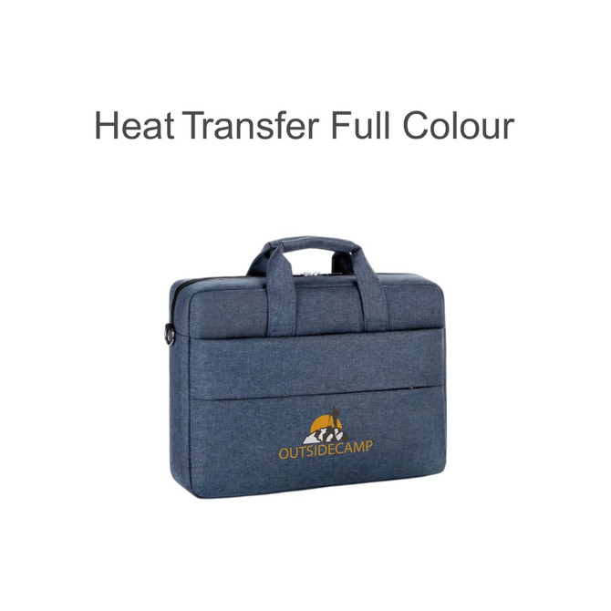 A business laptop bag in dark blue fabric with a logo, featuring a padded compartment and carrying handles.