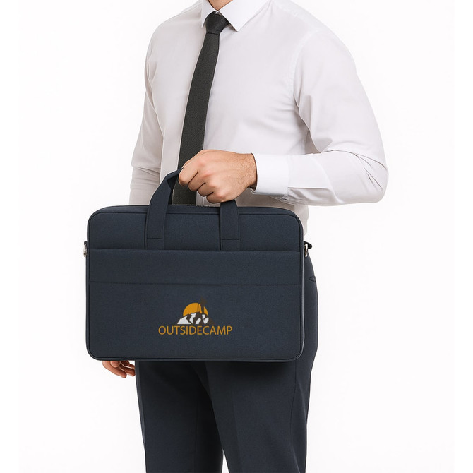 A business laptop bag in navy blue, featuring a logo and two handles for easy carrying.