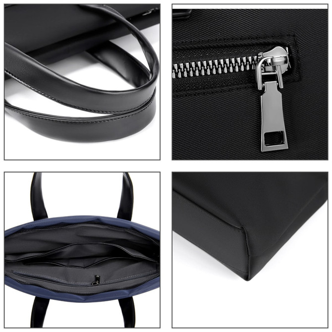 A black nylon briefcase featuring a zip closure, adjustable straps, and multiple inner compartments.