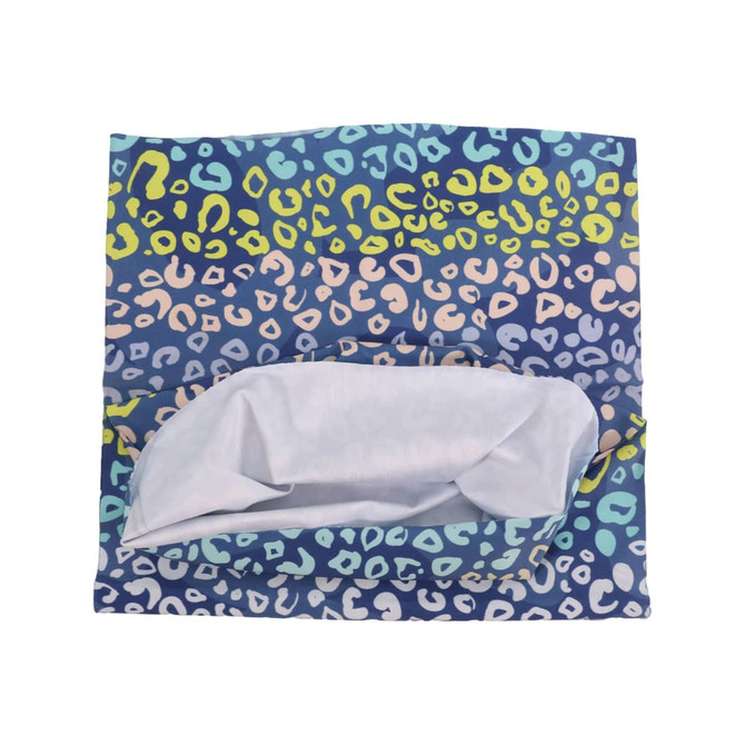 A multicoloured brushed Lycra warm gaiter with a blue, green, and pink leopard print design and a white interior.