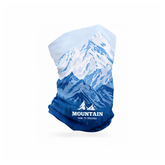 A blue neck gaiter featuring a mountain design, with a logo and a rugged outdoor theme.