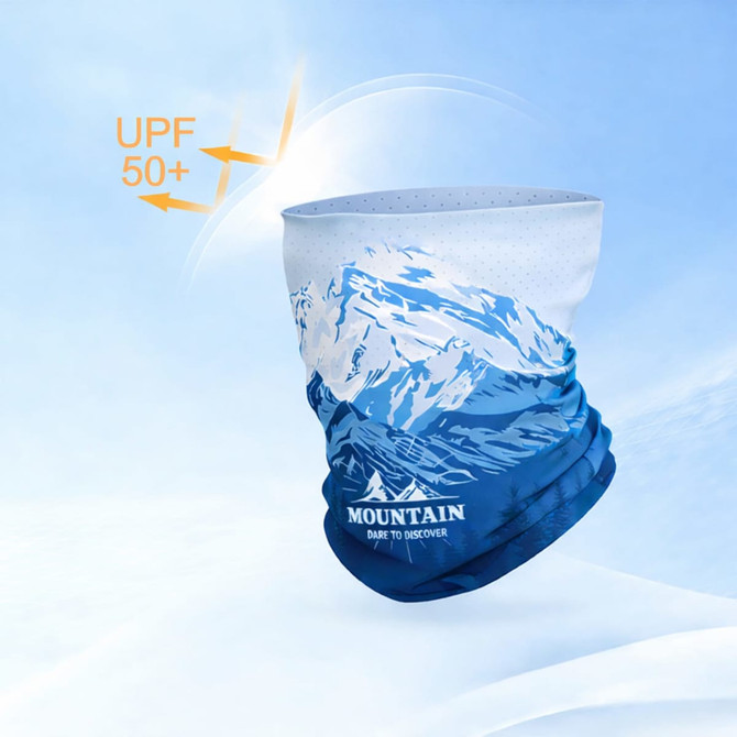 A neck gaiter in blue and white featuring a mountain graphic and a logo, offering UPF 50+ sun protection.