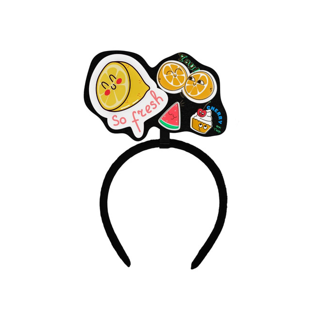 A black headband featuring playful fruit-themed designs and emojis, including a smiling lemon and orange slices.