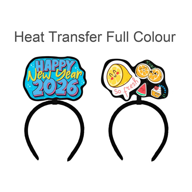 A black custom felt headband featuring colourful designs: "Happy New Year 2026" and various fruit illustrations.