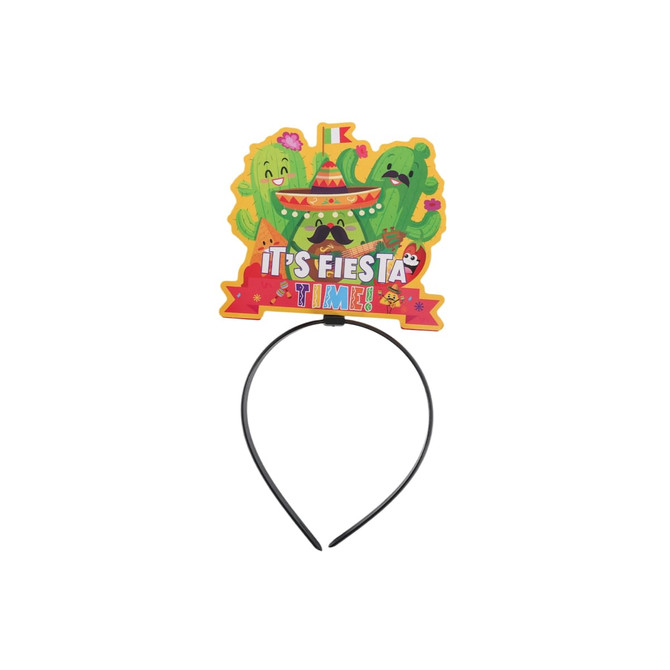 A black headband with a vibrant, festive topper featuring cacti in sombreros and the phrase "It's Fiesta Time!"