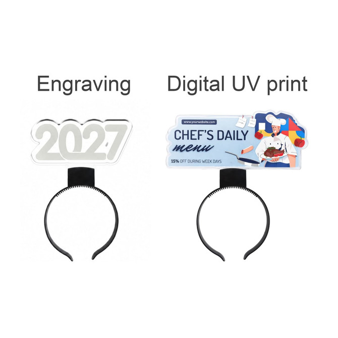 A headband featuring a clear acrylic sign with 2027 engraving and a colourful digital print menu. It has a black band.