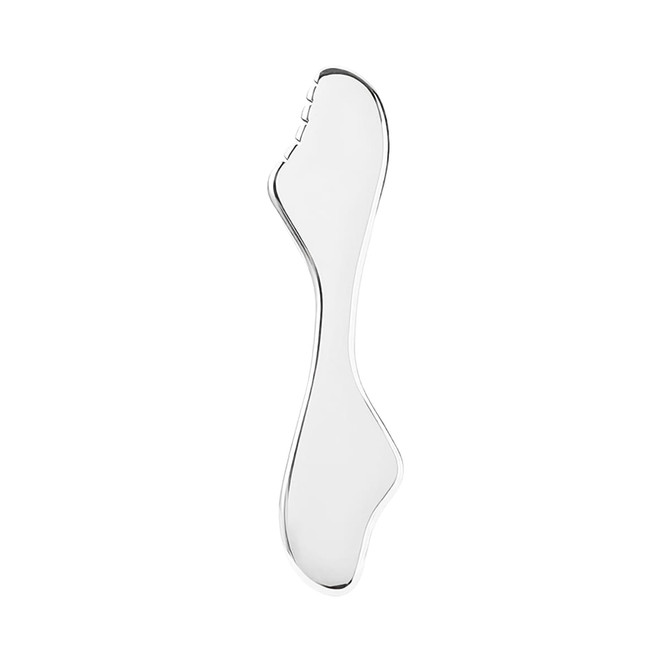 A silver massage tool with a curved design, featuring a textured side for enhanced grip.