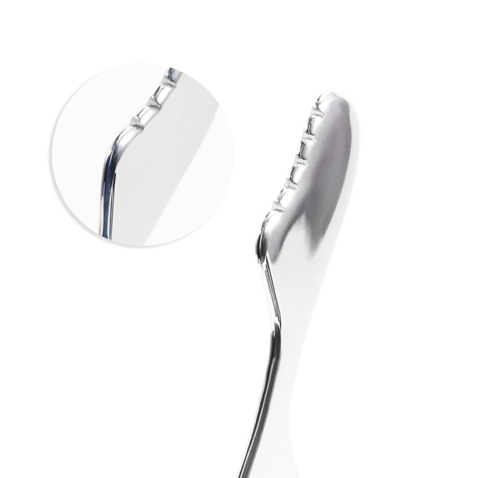 A metallic massage tool with a sleek design and textured grip for handling. Includes a close-up view of the edge.