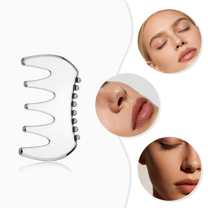 A silver, multi-pronged scraping board with rounded edges, surrounded by images of natural facial features.